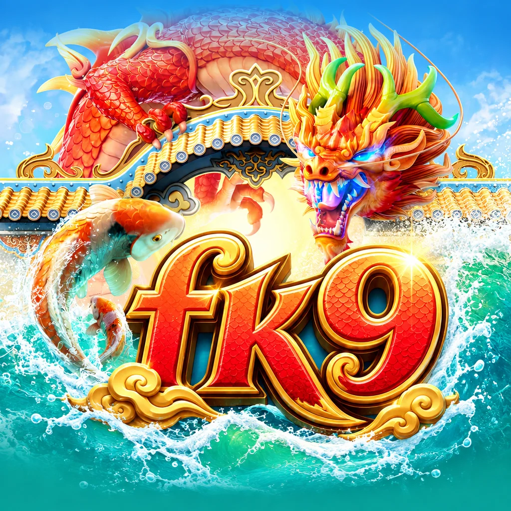 โลโก้ fk9 ตกแต่งด้วยมังกรจีนสีแดงและปลาคาร์ปกระโดดเหนือน้ำในเกม Dragon Legend