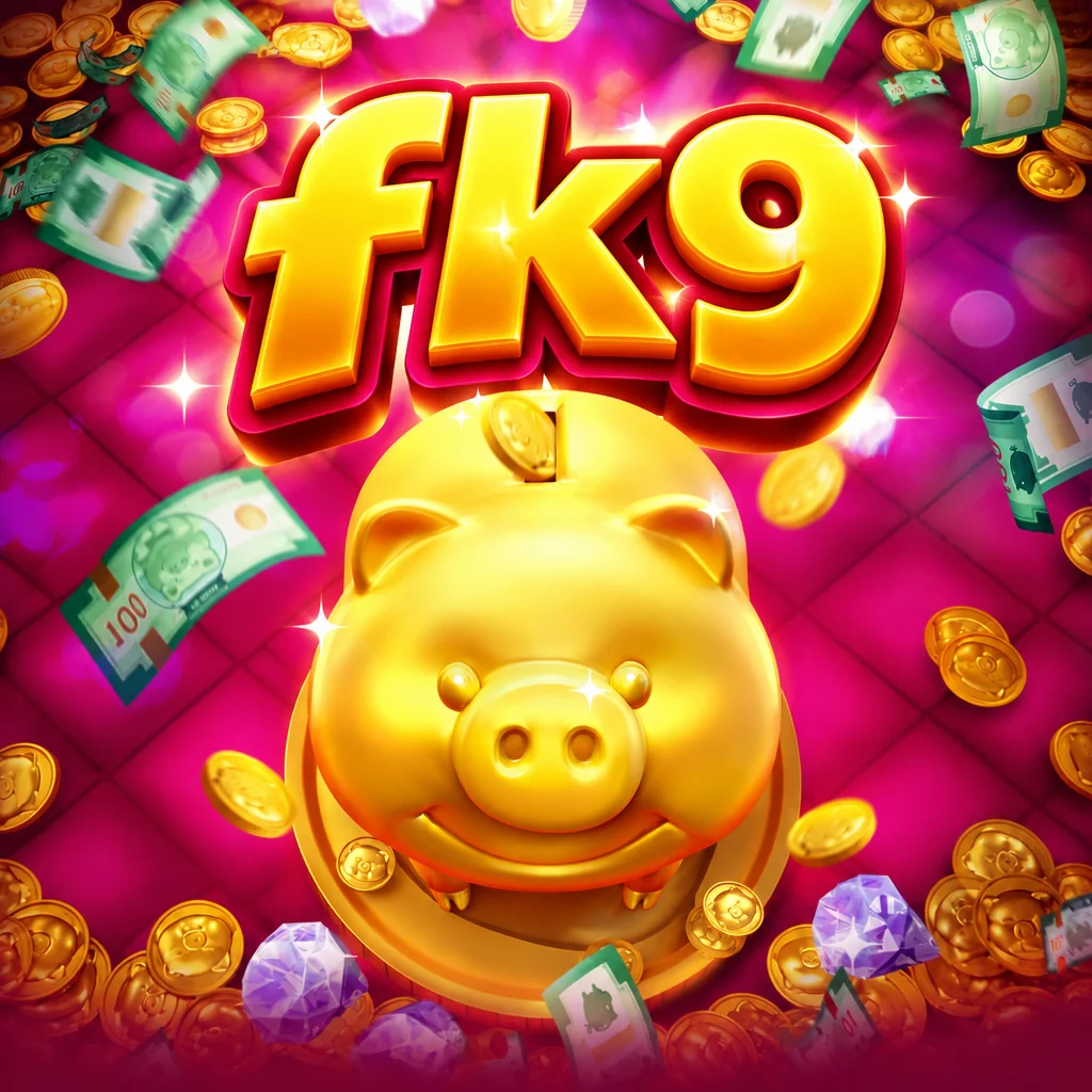 โลโก้ fk9 พร้อมกระปุกออมสินหมูทองคำและเหรียญทองในเกม Lucky Piggy